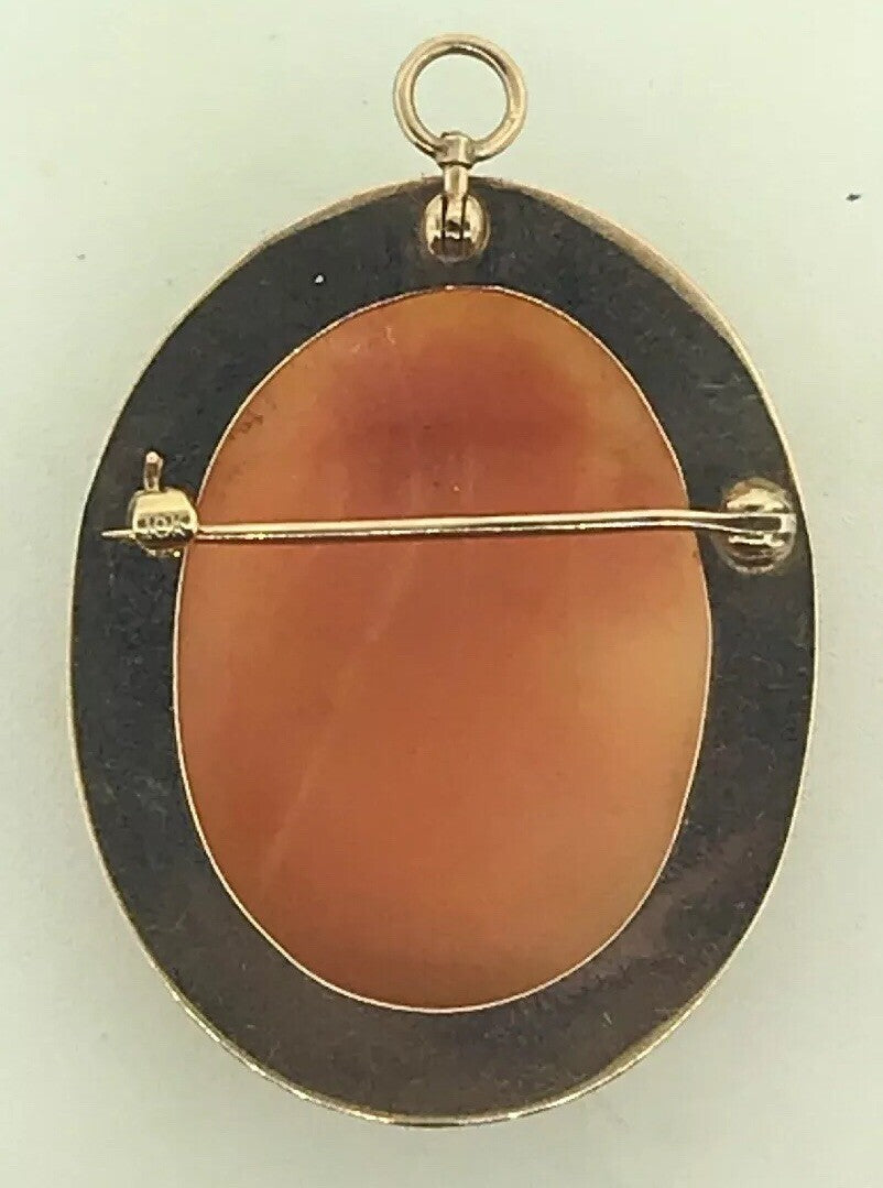 Victorian 10K Yellow Gold Oval Carved Cameo Floral Scroll Brooch Pendant