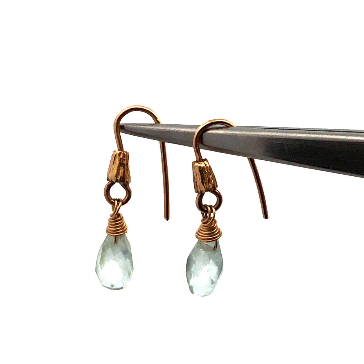 14k Yellow Gold Aquamarine Calming Soothing Dangle Hook Earrings