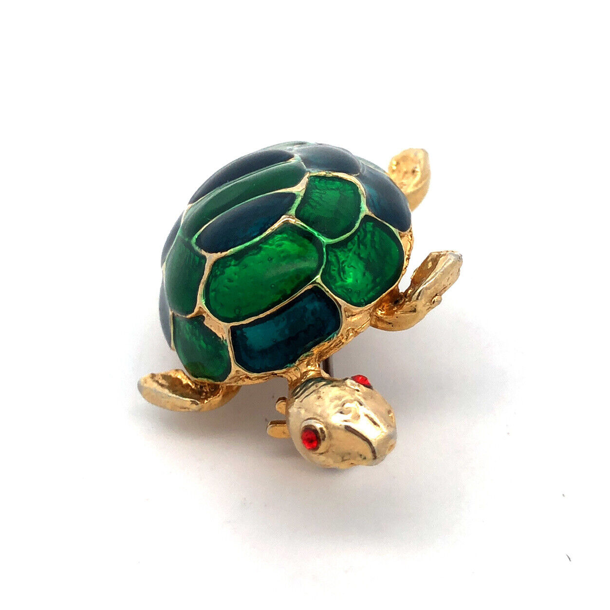 Vibrant Gold Tone Blue Green Enamel Red Rhinestone Turtle Scarf Lapel Pin Brooch