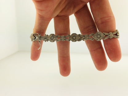 Vintage EA Sterling Silver 925 Diamond Modernist X O Link Tennis Bracelet