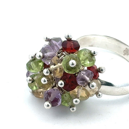 Designer 925 Sterling Silver Beaded Multi-Gemstone Cluster Dome Ring