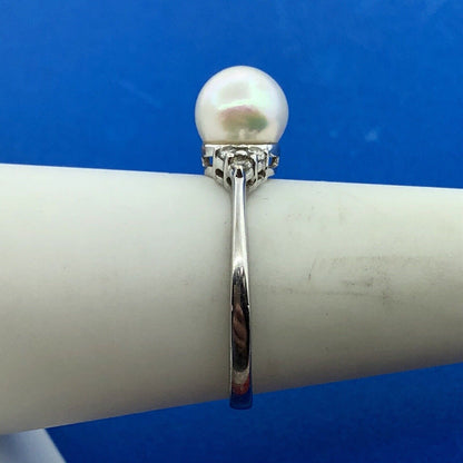 Elegant 14K White Gold Pearl Diamond Bridal Sweetheart Anniversary Ring