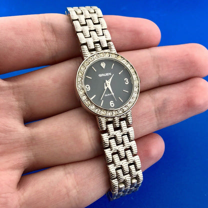Elegant GRUEN Ladies Silver Tone Cubic Zirconia Bezel Bracelet Wrist Watch Works