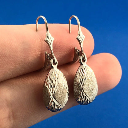Retro SLC 14K White Gold Diamond Cut Polished Brushed Pear Drop Dangle Earrings