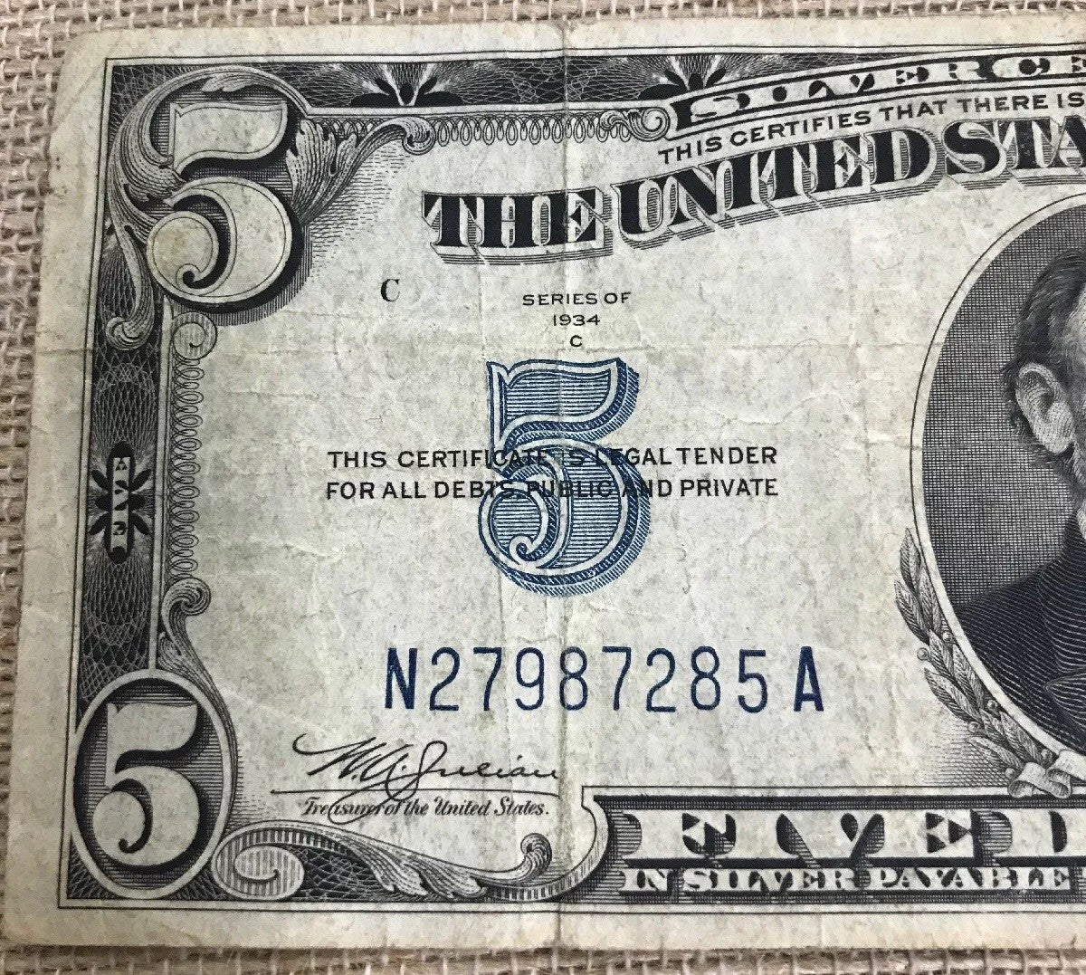 1934 C $5 United States Silver Certificate Julian/Snyder Fr. 1653