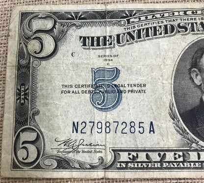 1934 C $5 United States Silver Certificate Julian/Snyder Fr. 1653