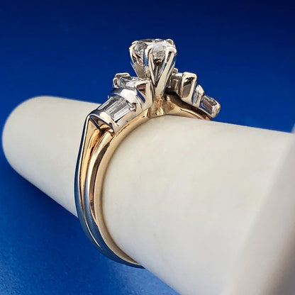 Vintage 14K Yellow White Gold Marquis Diamond Trio Accents Engagement Ring