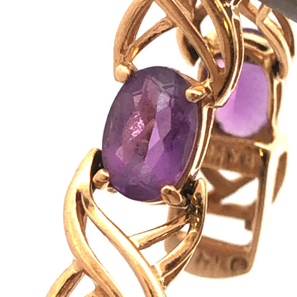 14K Solid Yellow Gold Oval Cut Amethyst X and O Design Tennis Bracelet
