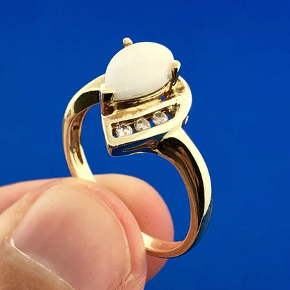 Designer 10K Yellow Gold Opal Diamond Modernist Bypass October Occasion Ring