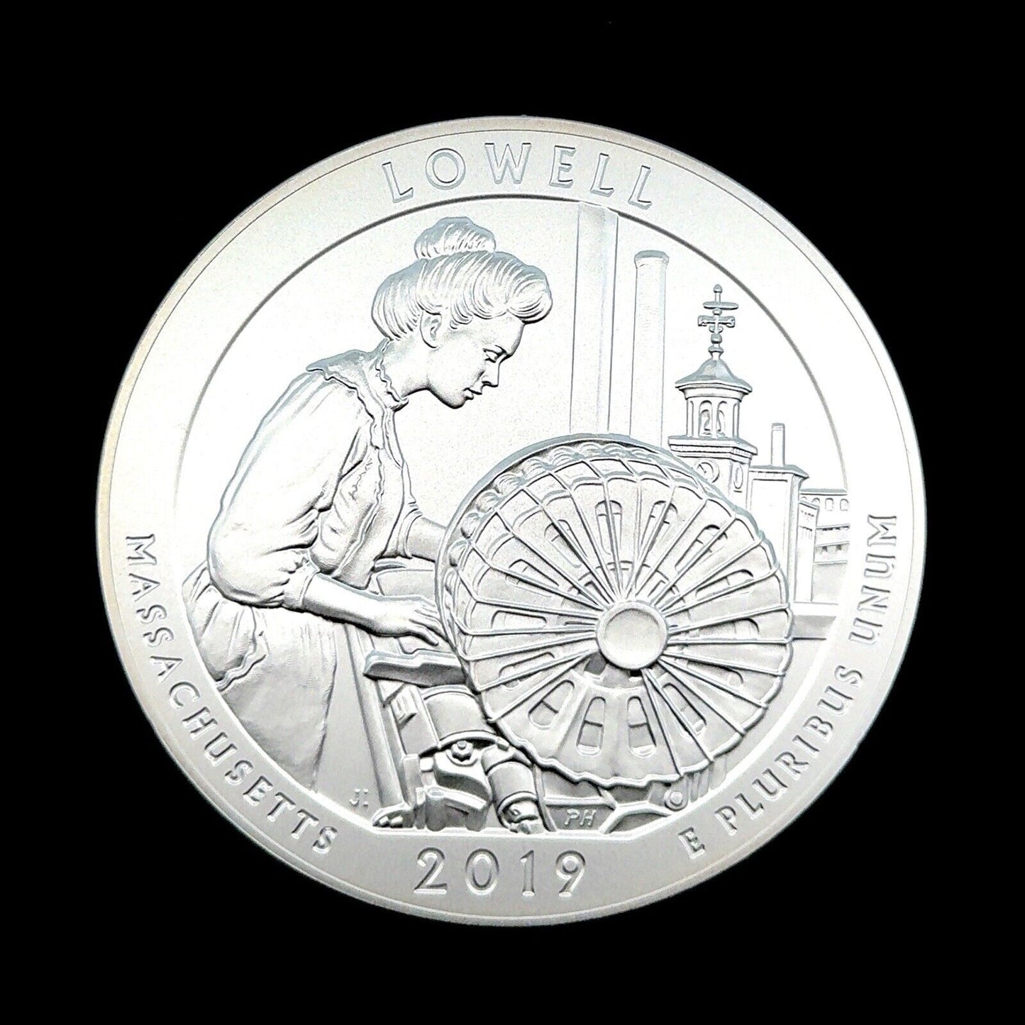 2019 P America The Beautiful Massachusetts Lowell 5 oz Silver Quarter Coin