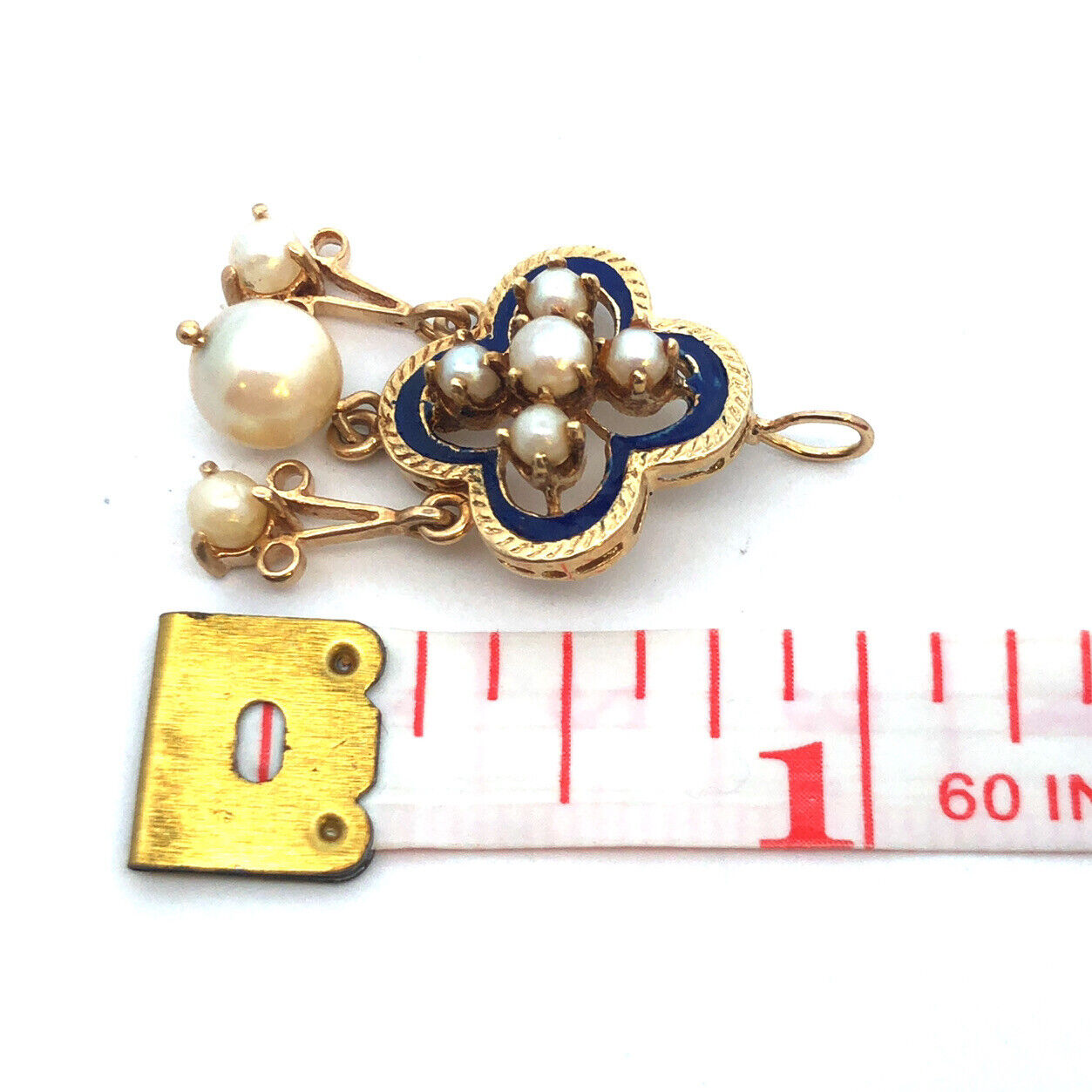 Estate 14K Yellow Gold Round Pearl Blue Enamel Drop Dangle Pendant