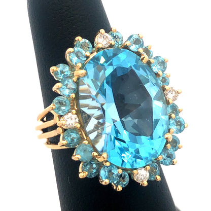 Designer 14k Yellow Gold Large Oval Blue Topaz Aquamarine Diamond Statement Ring