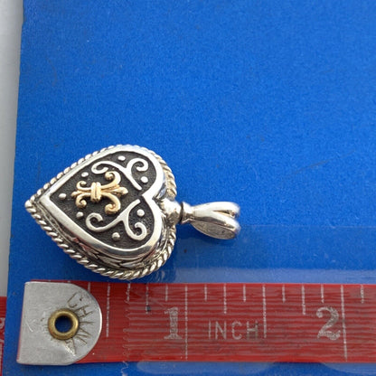 Designer 925 Sterling Silver 14K Gold Fleur De Lis Scroll Heart Pendant