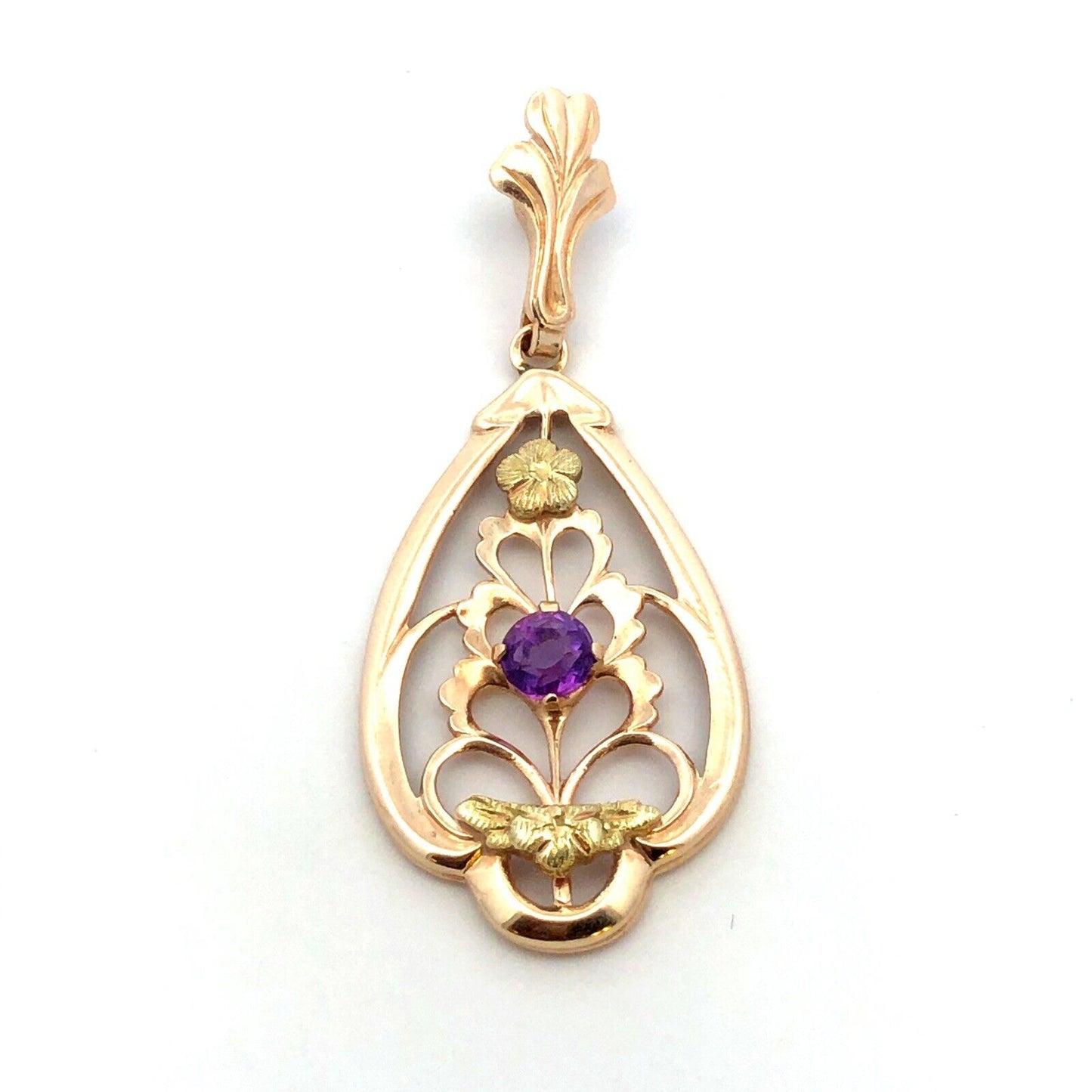 Designer Memco 10K Yellow Gold Round Amethyst Floral Floral Oval Pendant