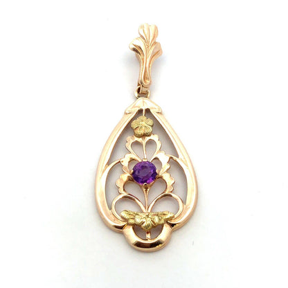 Designer Memco 10K Yellow Gold Round Amethyst Floral Floral Oval Pendant