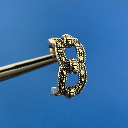 Designer Sterling Silver 925 Marcasite Open Friction Back Hoop Stud Earrings