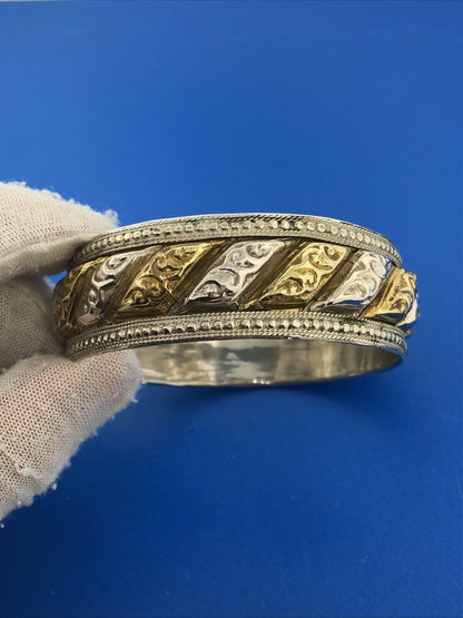 Artisan Two Tone Silver Plate Brass Stamped Beaded Wide Bangle Bracelet