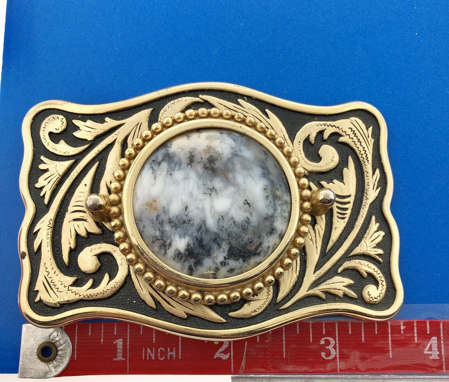 Dramatic Brass Black White Jasper Stone Scroll Intaglio Rectangle Belt Buckle