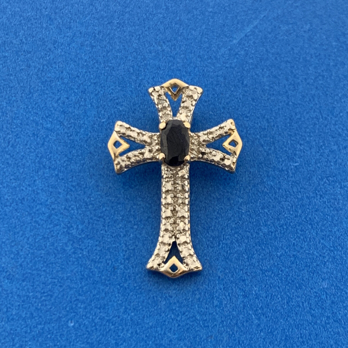 Designer 925 Sterling Silver Vermeil Oval Sapphire Two Tone Cross Pendant
