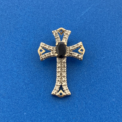 Designer 925 Sterling Silver Vermeil Oval Sapphire Two Tone Cross Pendant