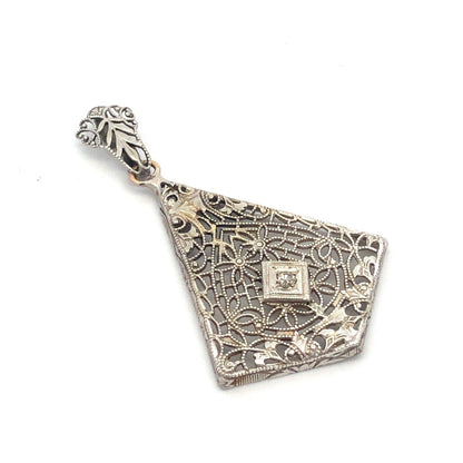 Vintage 14K White Gold Round Diamond Filigree Triangle Statement Pendant