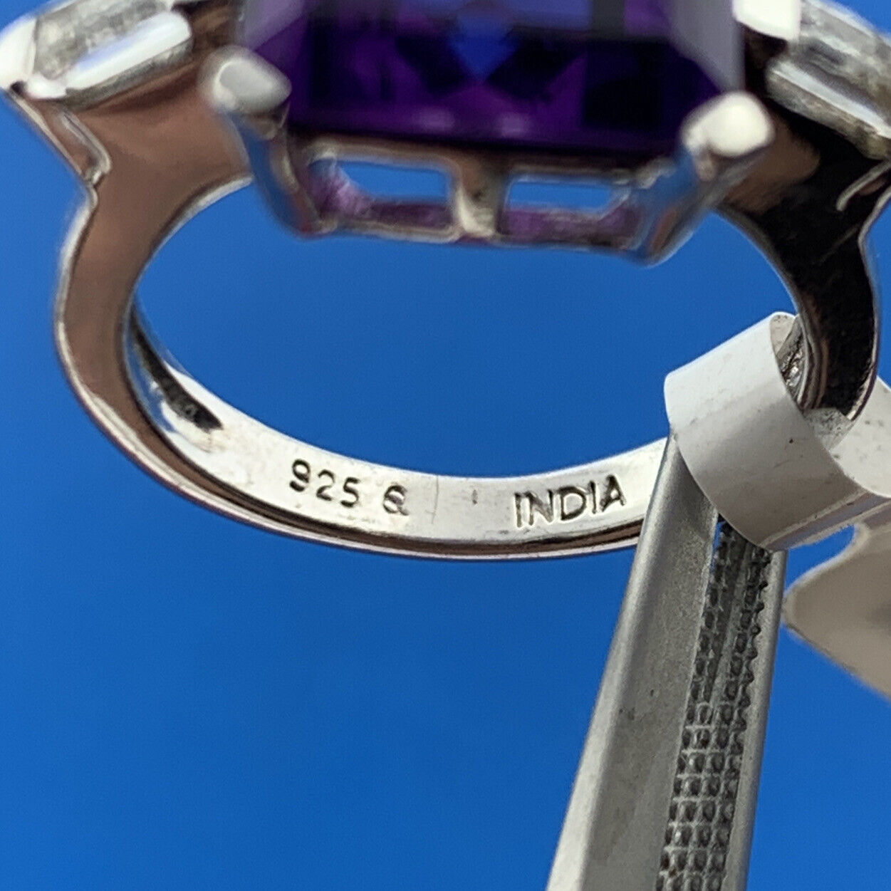 Designer 925 Sterling Silver Square Amethyst Cubic Zirconia Accented Ring NWT