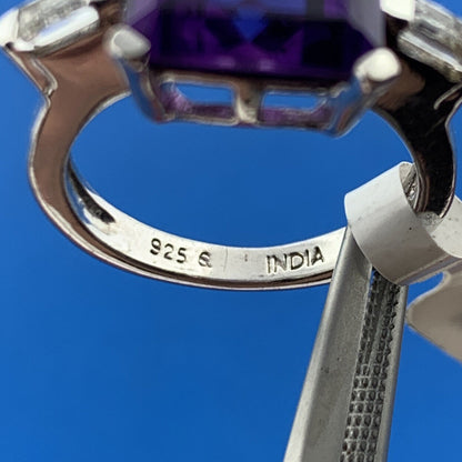 Designer 925 Sterling Silver Square Amethyst Cubic Zirconia Accented Ring NWT