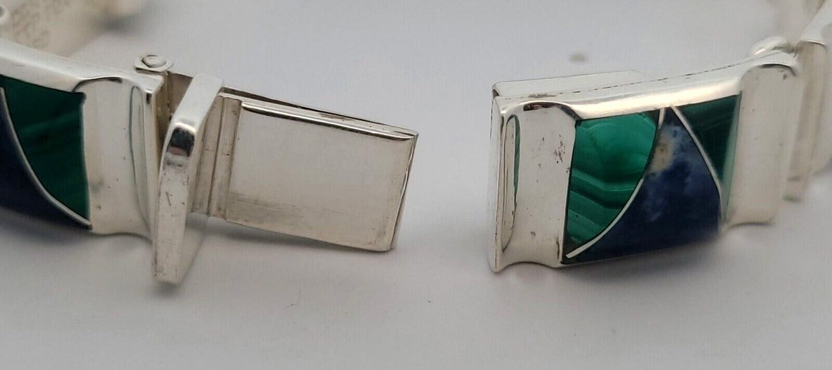 Oscar Figueroa Escorcia Taxco Silver 950 Lapis Malachite Panel Bracelet