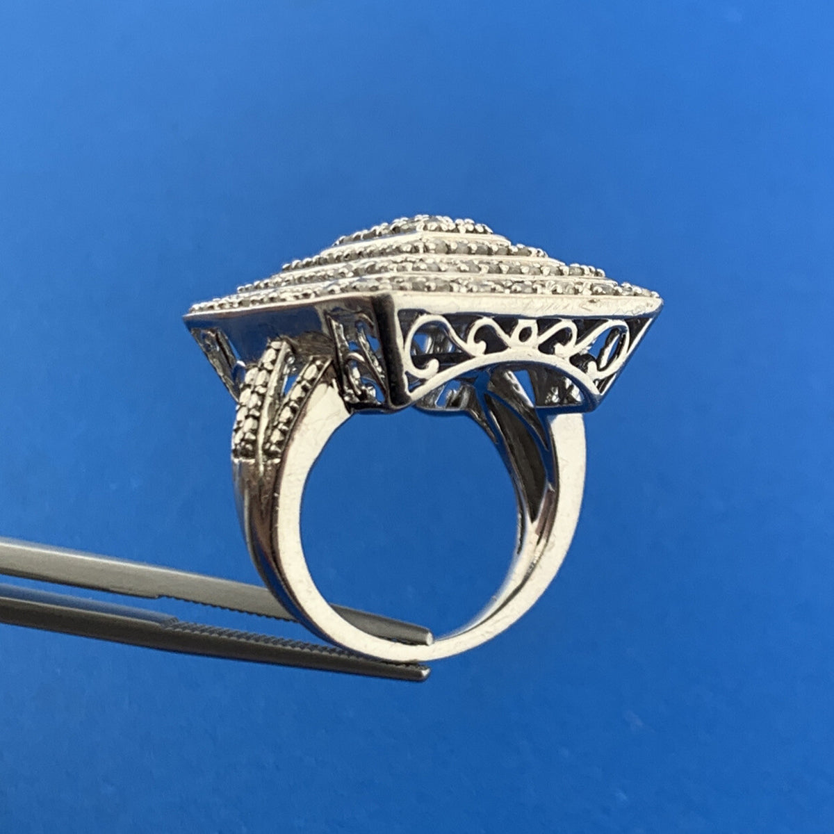 Designer 925 Sterling Silver Pave Diamond Rectangle Statement Finger Dome Ring