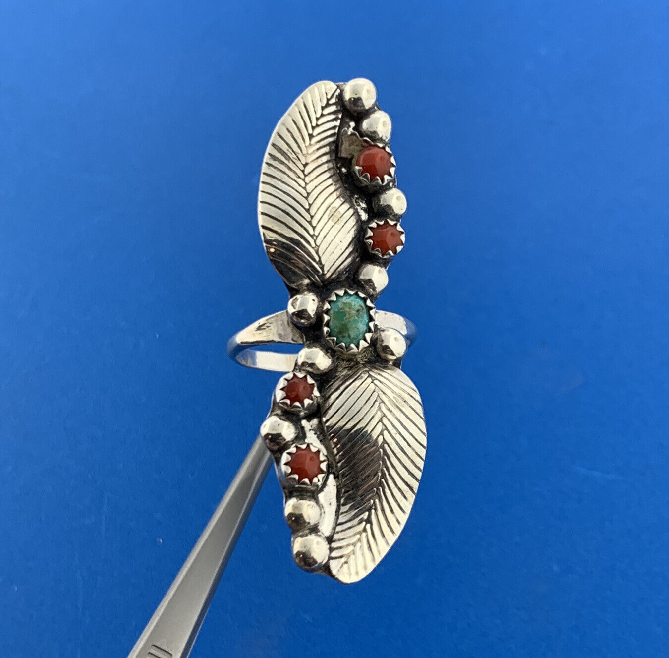 Lovely Sterling Silver 925 Cabochon Turquoise Coral Twin Leaf Finger Ring Size 8