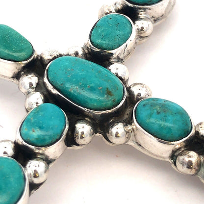 Estate 925 Sterling Silver Oval Turquoise Bezel Large Cross Statement Pendant