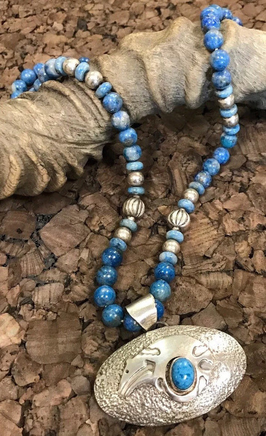 Vintage Native American Sterling Silver 925 Lapis Lazuli Bead Concho Necklace