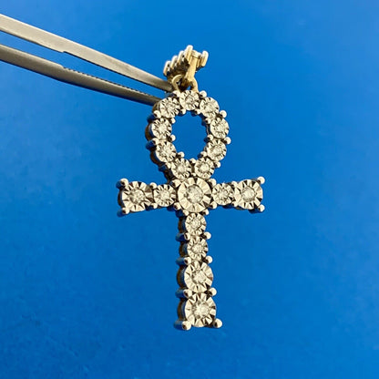 Designer 10K Yellow Gold Diamond Encrusted Ankh Key Of Life Statement Pendant