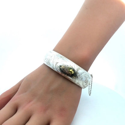 Vintage 925 Sterling Etched Engraved Vine Leaves Nature Hinged Bangle Bracelet