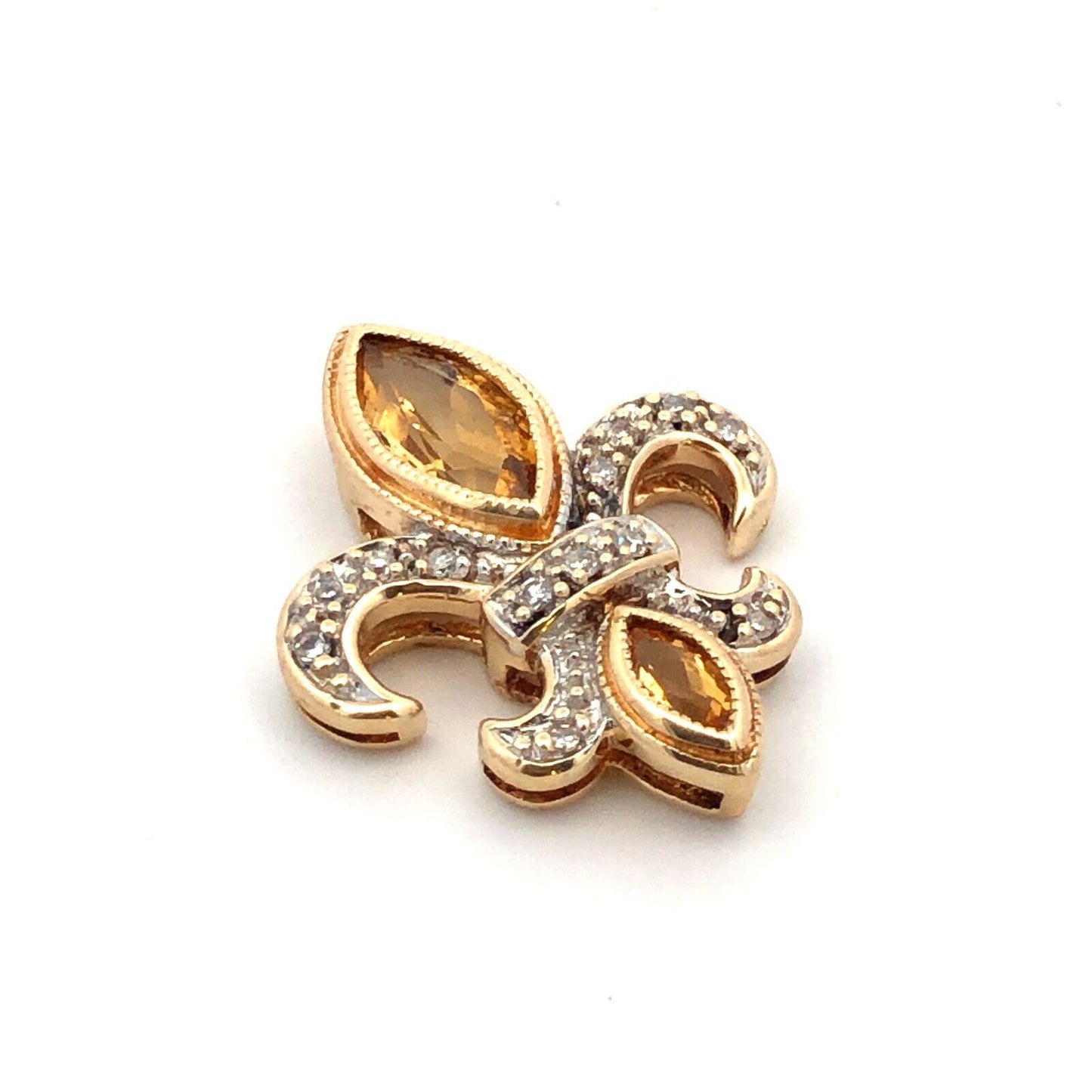 Designer AV 14K Yellow Gold Marquise Citrine Diamond Fleur De Lis Pendant