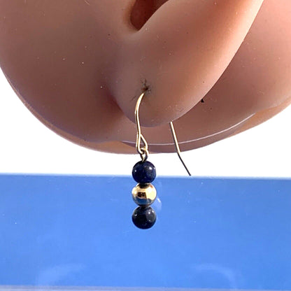 Designer 14K Yellow Gold Lapis Lazuli Bead & Gold Ball Drop Dangle Hook Earrings