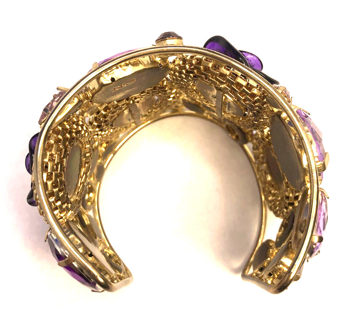 Designer Gold Tone Purple Cubic Zirconia Acrylic Statement Open Cuff Bracelet