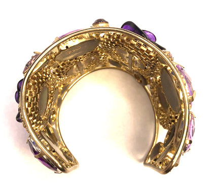 Designer Gold Tone Purple Cubic Zirconia Acrylic Statement Open Cuff Bracelet