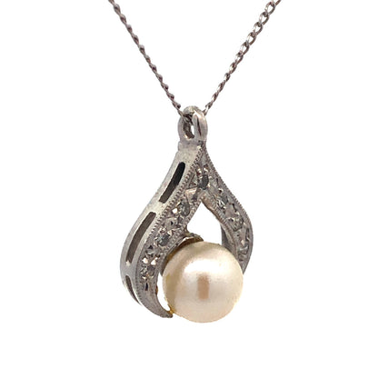 Designer 14K White Gold Pearl Diamond Bridal June Anniversary Pendant Necklace