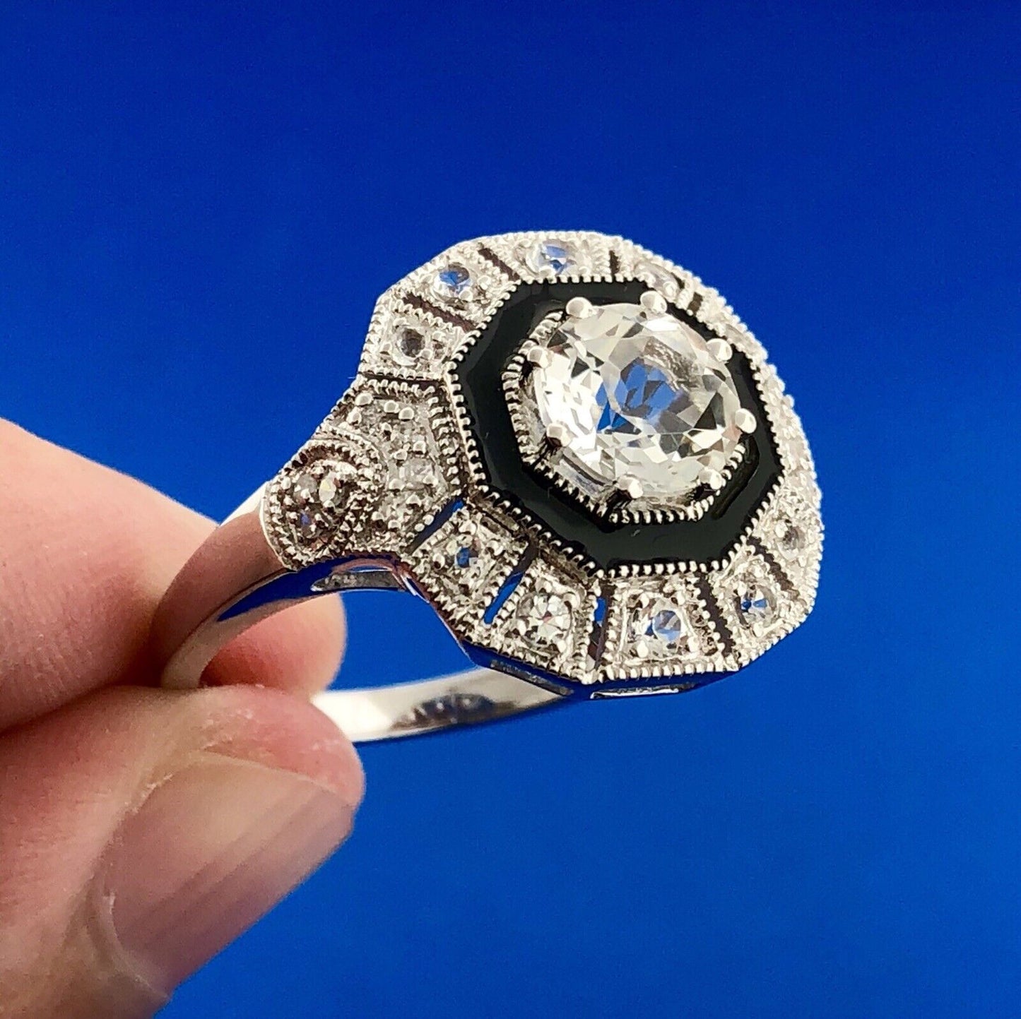 Designer Clyde Duneier CID 925 Sterling Silver White Topaz Diamond Enamel Ring