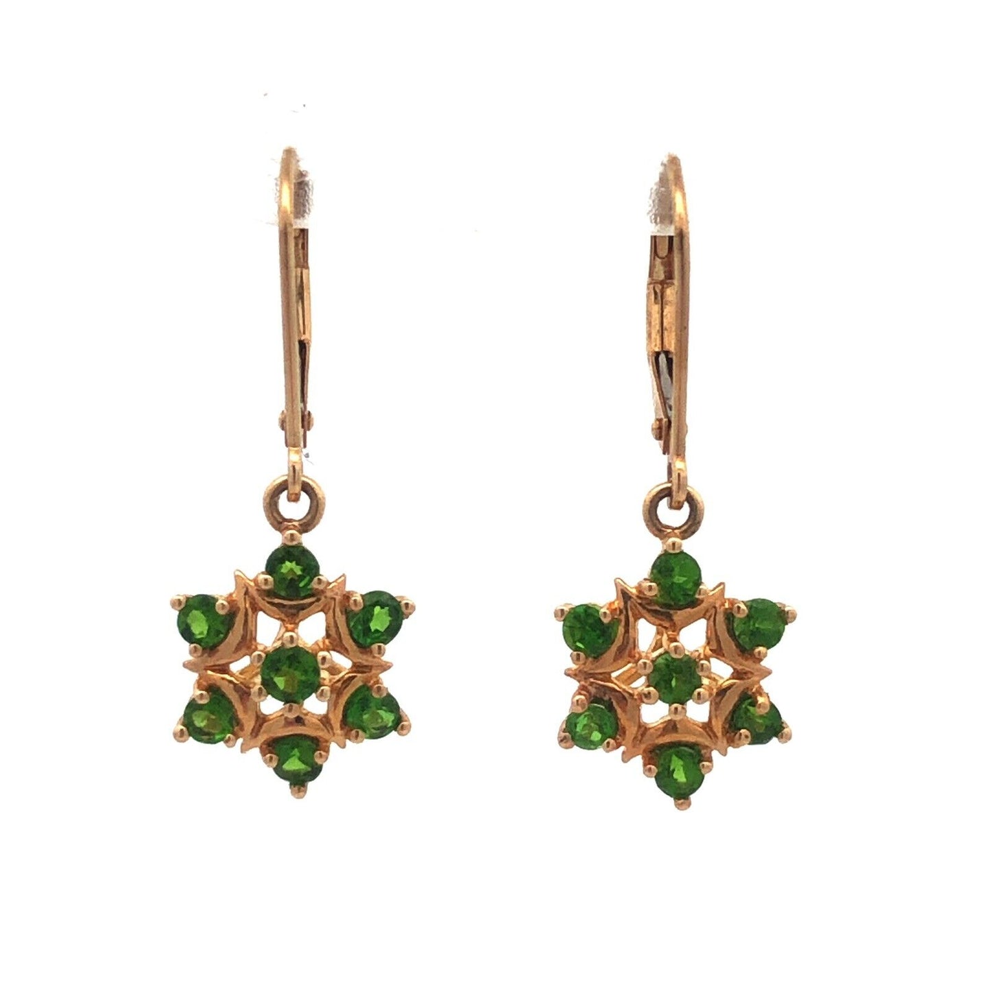 14K Yellow Gold Round Green Tourmaline Flower Leverback Dangle Earrings