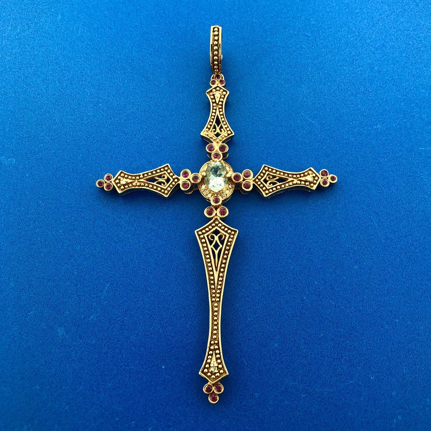 SR 14k Rose Gold Blue Tourmaline Ruby Diamond Faith Cross Pendant Enhancer
