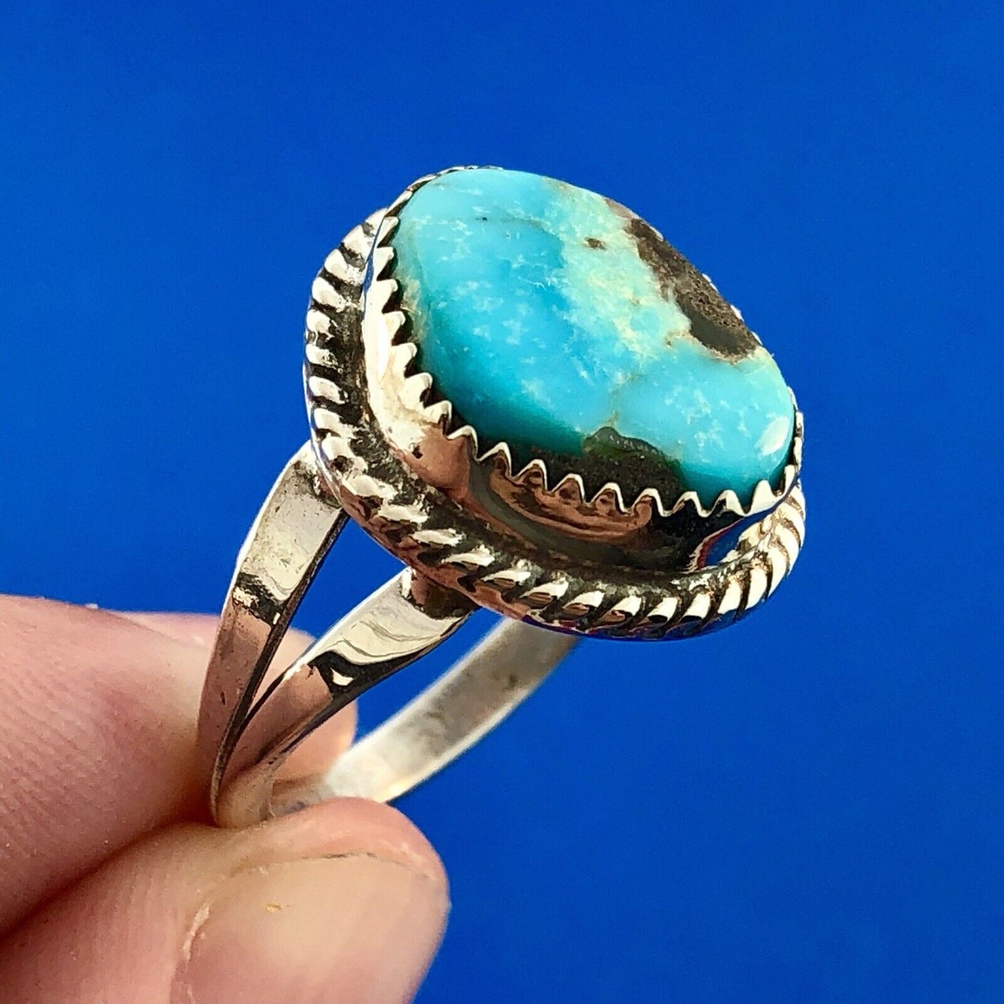 Navajo Artisan Grace Smith 925 Sterling Silver Polished Turquoise Chunk Ring