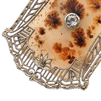 Antique 10K White Gold White Sapphire Aqate Filigree Statement Pendant Necklace