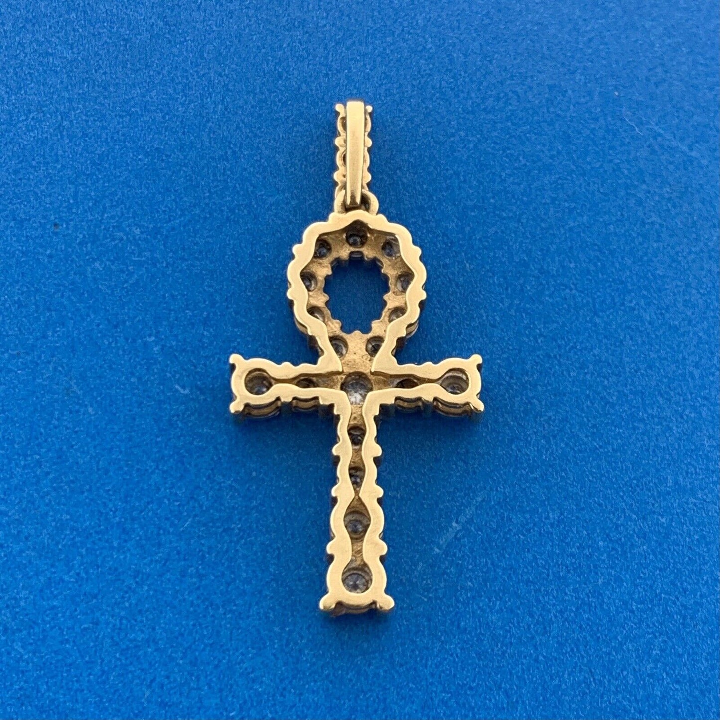 Designer 10K Yellow Gold Diamond Encrusted Ankh Key Of Life Statement Pendant
