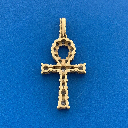 Designer 10K Yellow Gold Diamond Encrusted Ankh Key Of Life Statement Pendant