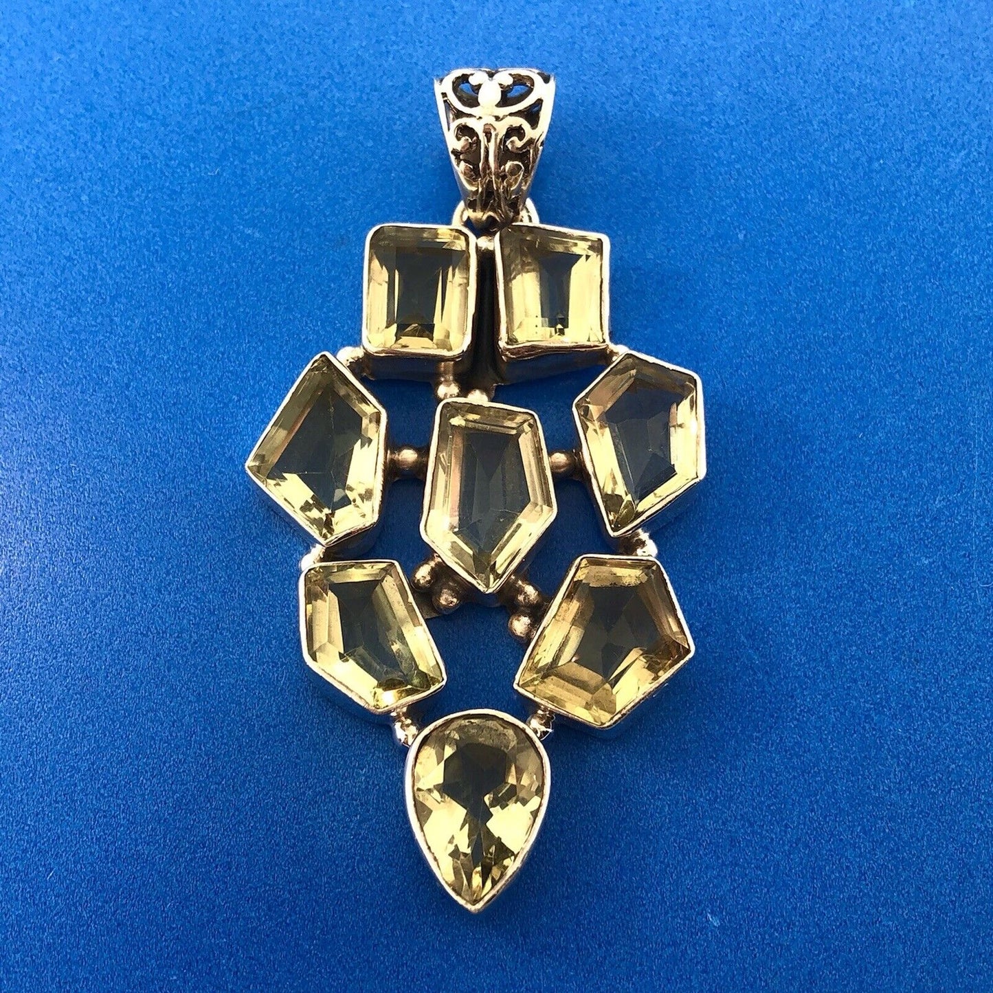 Retro Modernist 925 Sterling Silver Green Amethyst Multi Panel Chunky Pendant