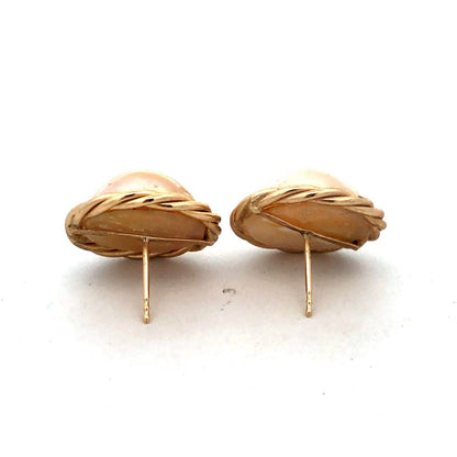 Estate 14K Yellow Gold Round Mabe Pearl Bird's Nest Statement Stud Earrings