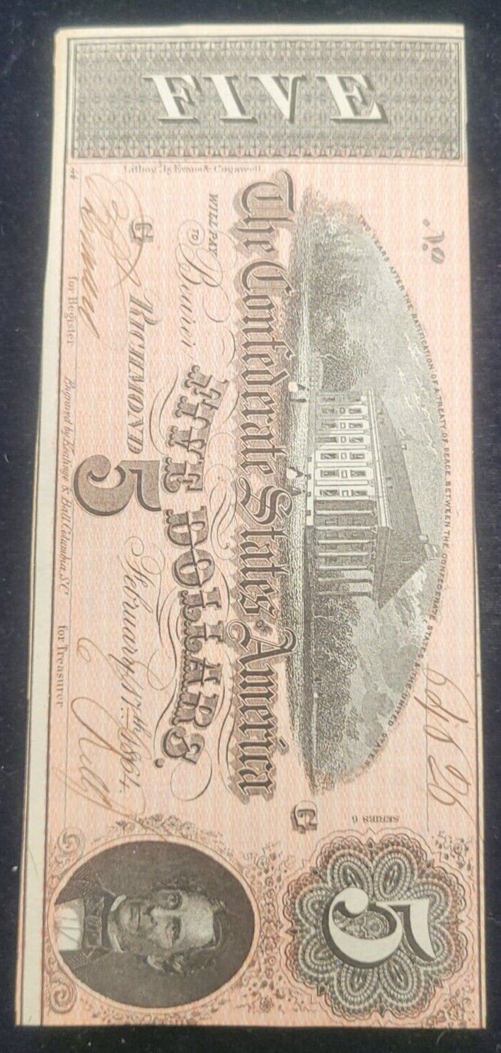 1864 $5 Richmond, VA Confederate States of America Rare Obsolete Bank Note