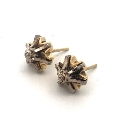 Vintage 14k Yellow White Gold Diamond 6 Point Radiant Star Comet Stud Earrings